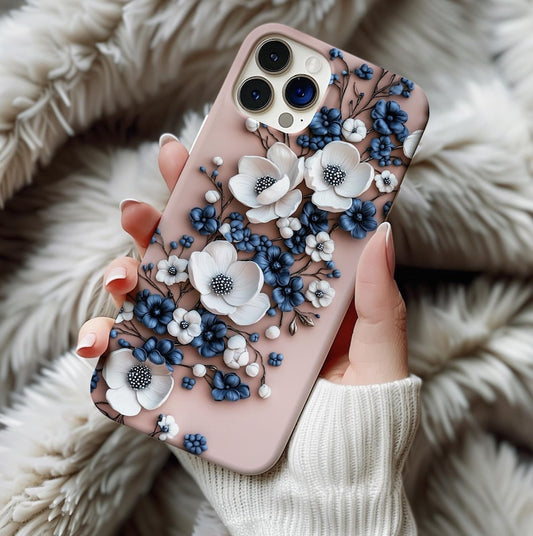 3D Floral Phone Case with Navy and White Flowers on Blush Pink