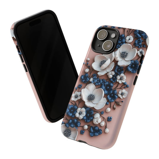 3D Floral Phone Case with Navy and White Flowers on Blush Pink