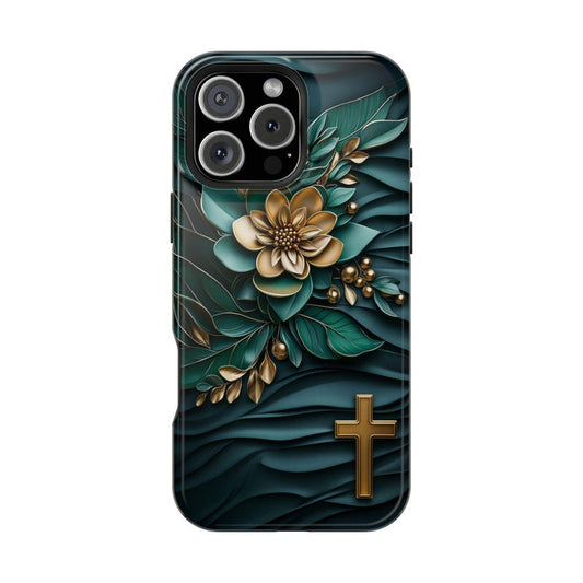 Elegant Christian Floral Phone Case – Gold Cross & Green Botanical