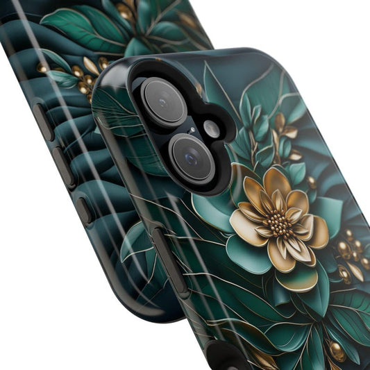 Elegant Christian Floral Phone Case – Gold Cross & Green Botanical