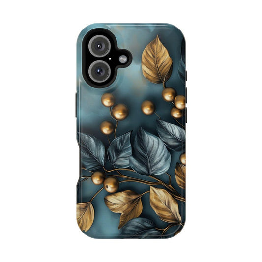 3D Blue and Gold Botanical Leaves